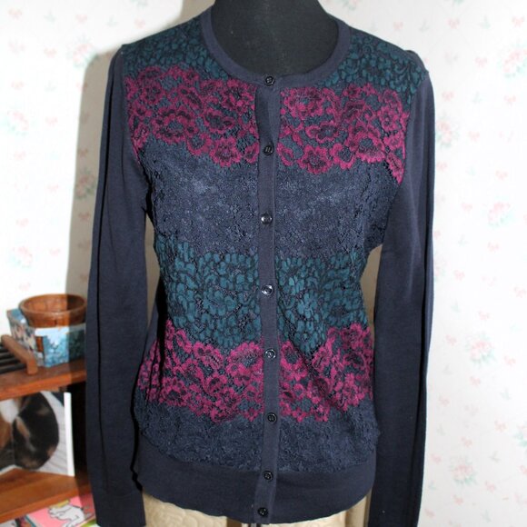 Ann Taylor Factory Navy Blue Lace Front Cardigan Sweater, Small - Picture 1 of 8